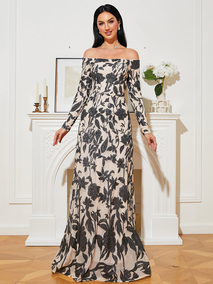 Off Shoulder Sequins Floral Maxi Prom Dress RJ10022