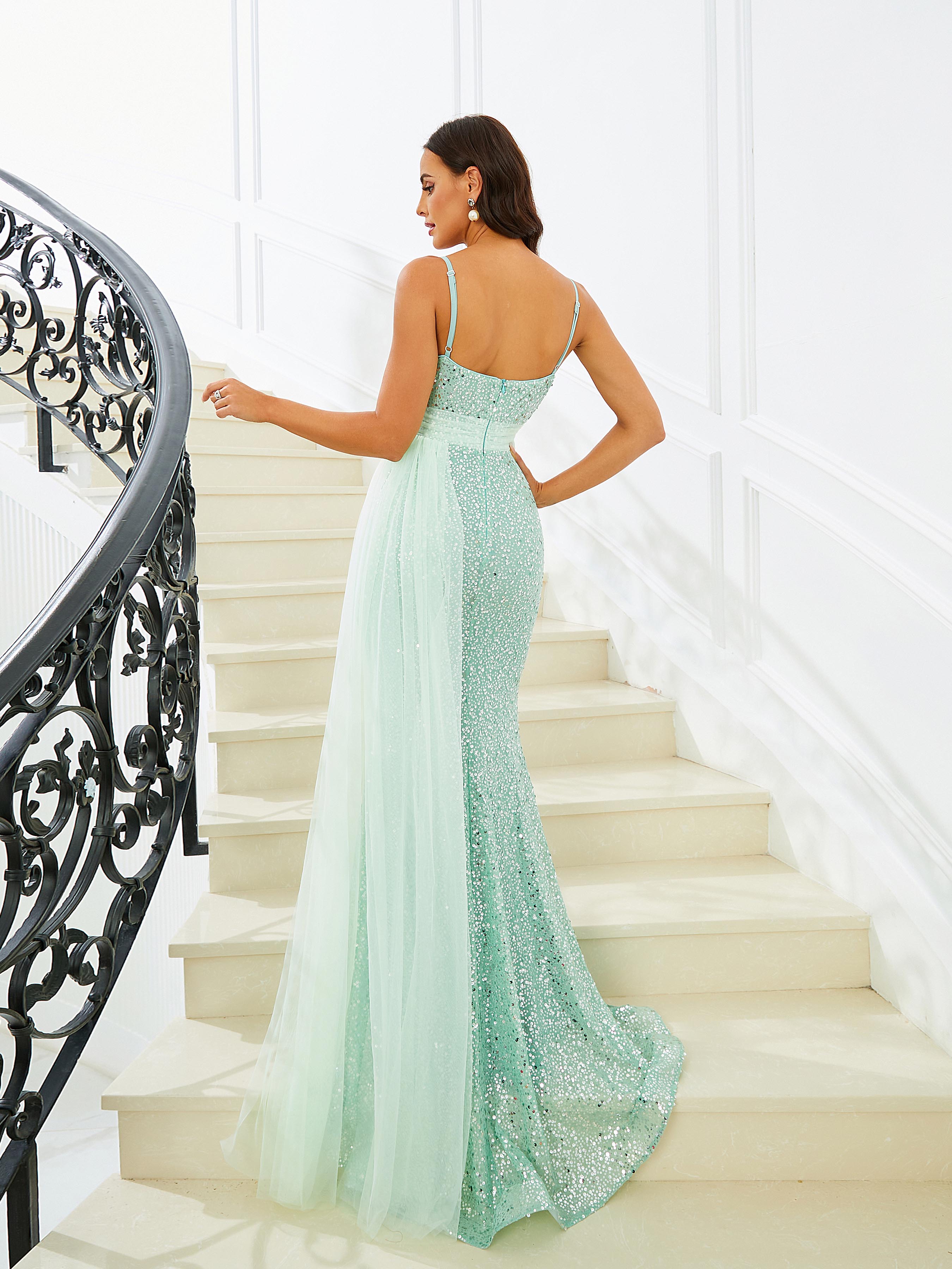 Spaghetti V-Neck Mermaid Backless Draping Evening Dress RJ10708