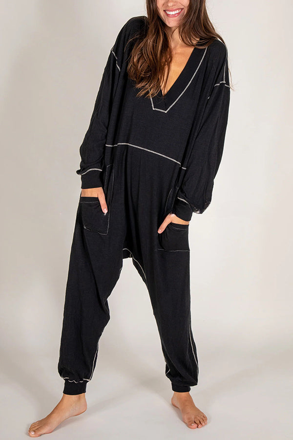 Home or Traveling Cotton Blend Long Sleeve Pocketed Loose Jumpsuit