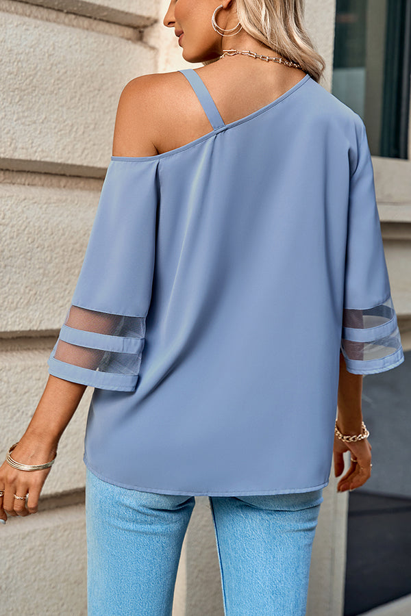 Judith Metal Buckle One Shoulder Mesh Sleeve Blouse