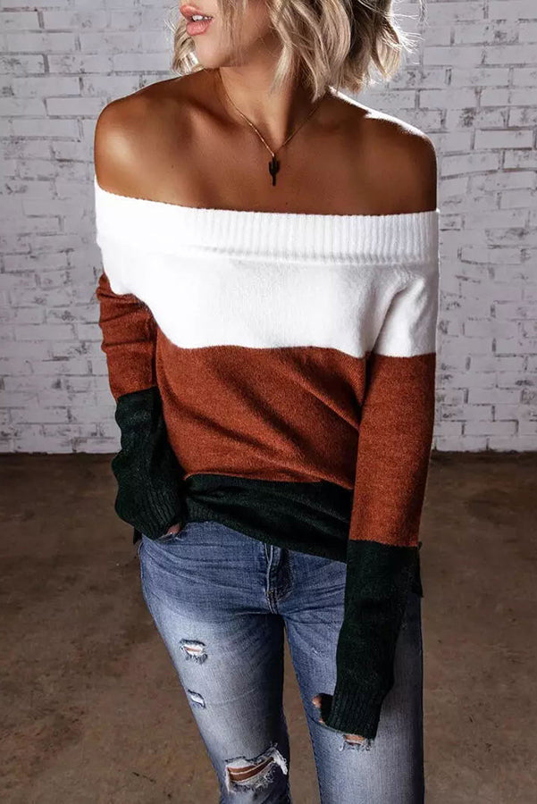 Lovely Chill Color Block Off Shoulder Sweater