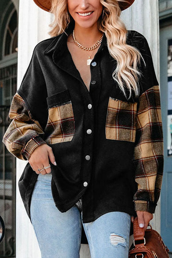 Plaid Patchwork Chest Pockets Oversized Jacket