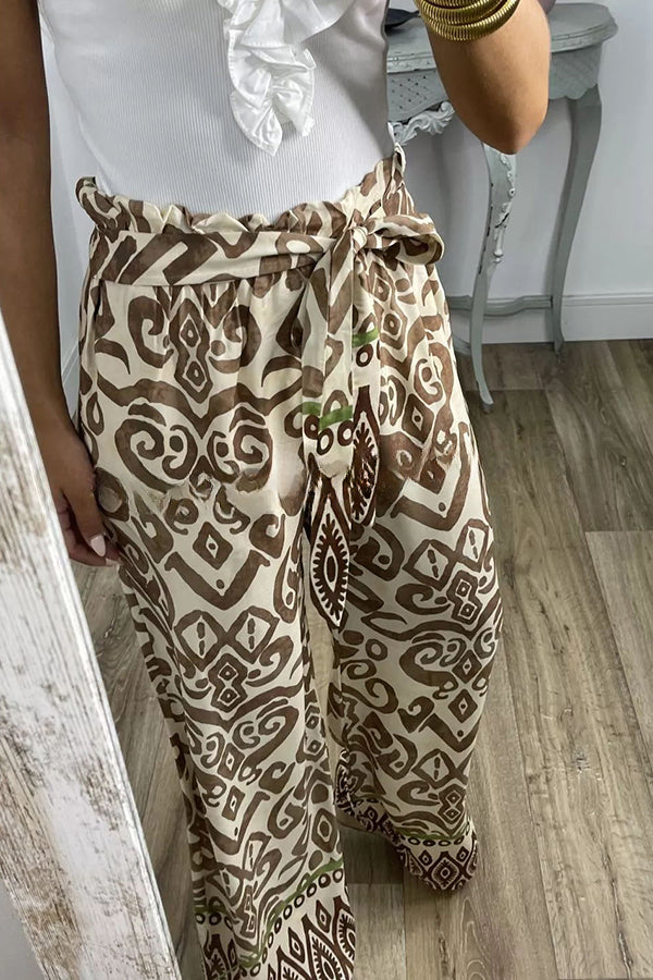 Cecilia Ethnic Print Tie Front Elastic Waist Wide Leg Pants