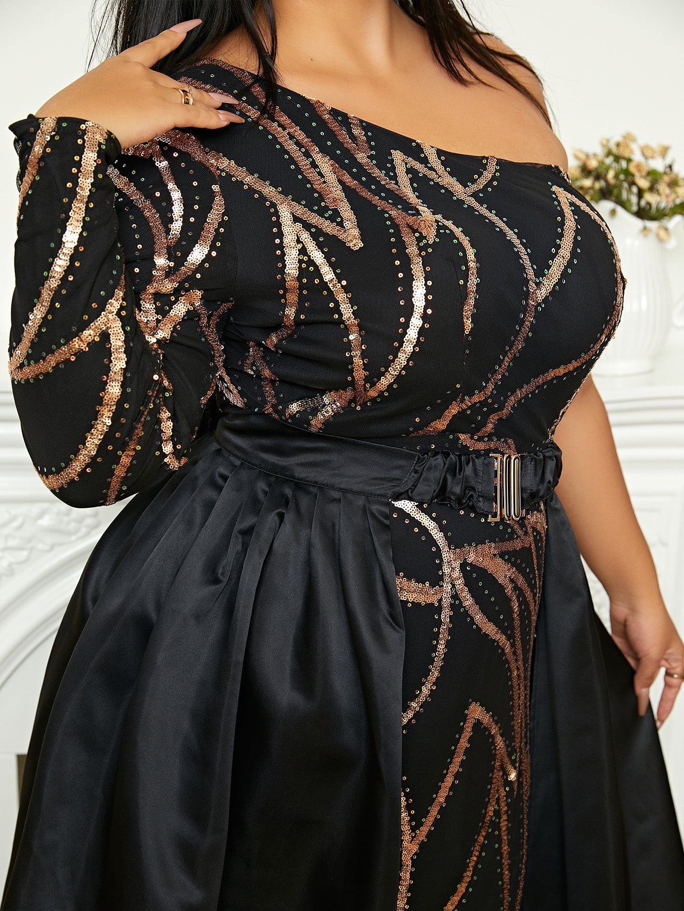 Plus Size One Shoulder Sequin Maxi Prom Dress PXH2172