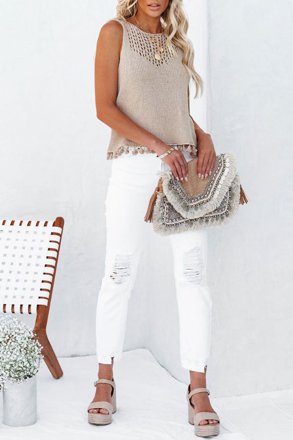 Solid Color Sexy Hollow Fringed Sweater