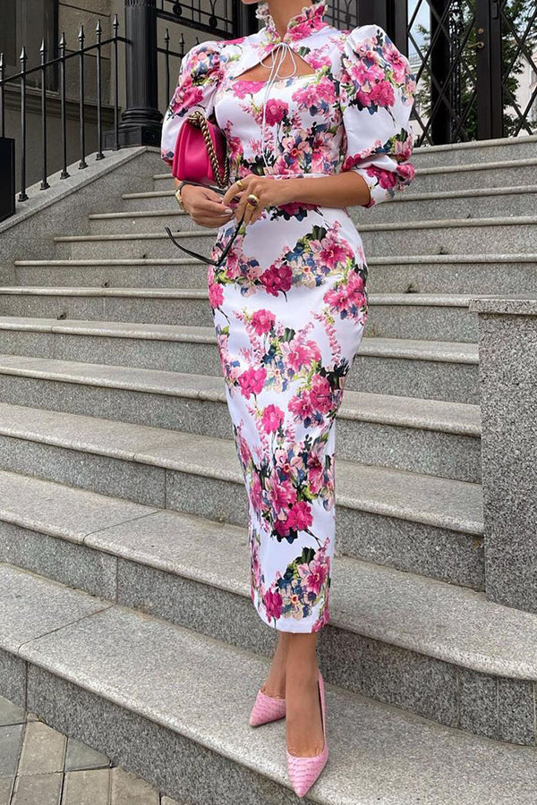 Another Love Song Floral Stand Collar Midi Dress