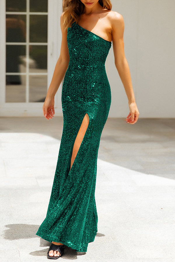 Stunning Views Sequined One Shoulder Slit Maxi Dress