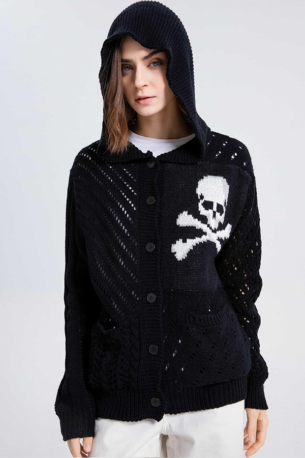 Hollow long-sleeved Halloween skull knitted cardigan with pockets