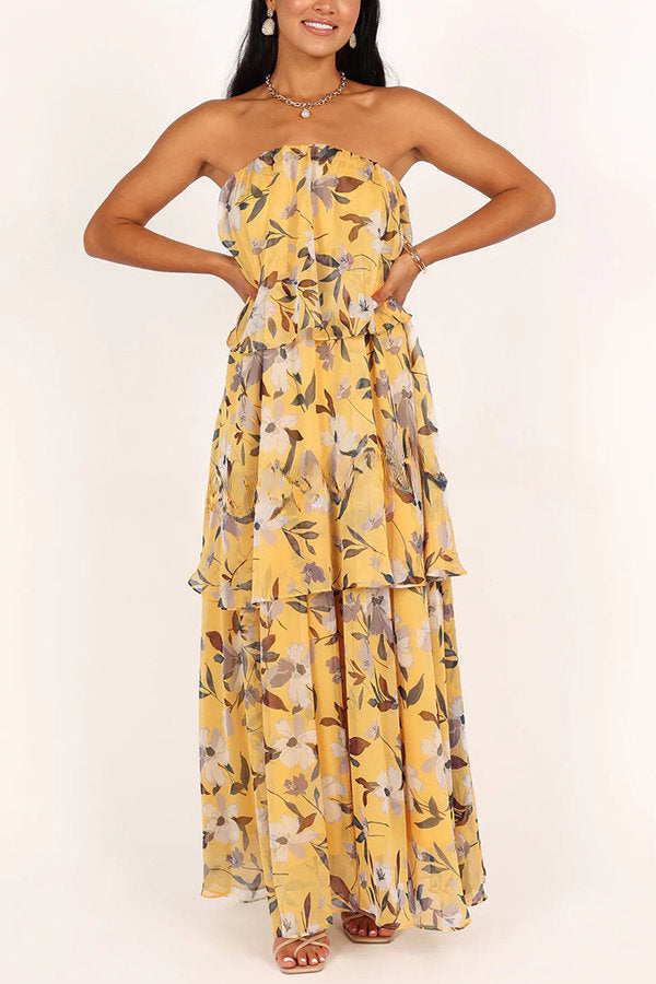 Sweet and Charming Printed Strapless Drop Tiered Ruffle Maxi Dress