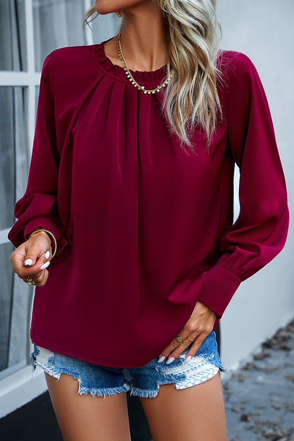 Elegant Round Neck Pleated Long Sleeve Solid Color Top