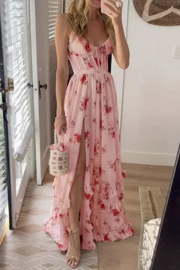 Palace Fairy Floral Corset Ruffle Layered Slit Maxi Dress