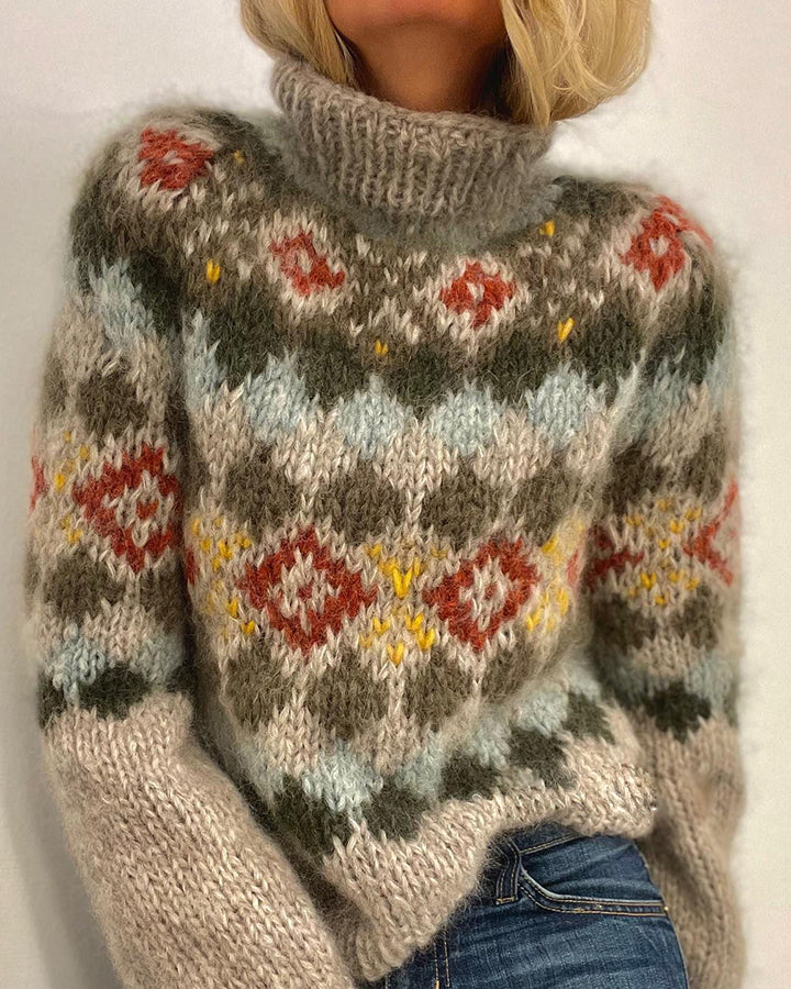 Nordic Style Retro Pattern Knit High Neck Pullover Sweater