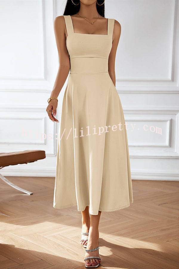 Solid Color Suspender High Waist Strappy Midi Dress