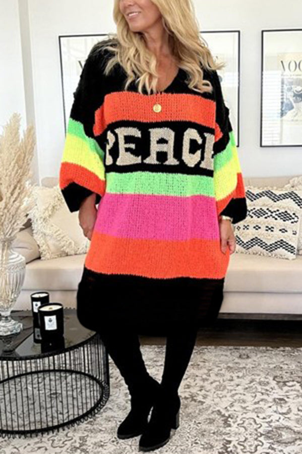 True Faith Knit Peace Pattern Color Blocks Loose Midi Sweater Dress