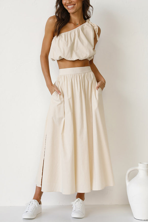 Chasing Sunshine Tie One Shoulder Pocketed Midi Skirt Set