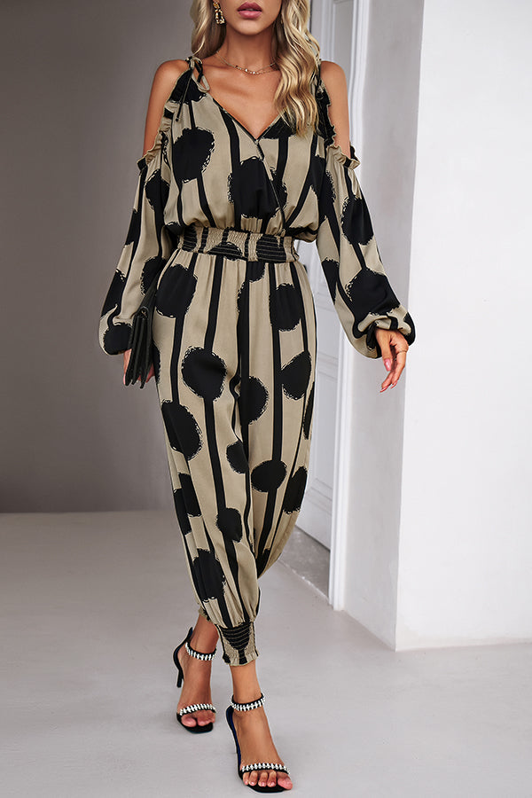 Graphic Print Stretch Waist Tie Long Sleeve Jumpsuit