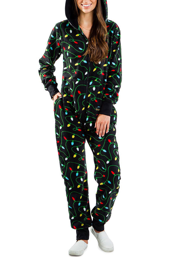 Christmas Print Zipper Pocketed Hooded Loungewear Jumpsuit