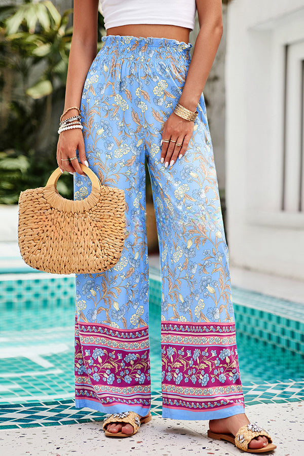 Floral Print Stretch Waist Pocket Wide Leg Pants