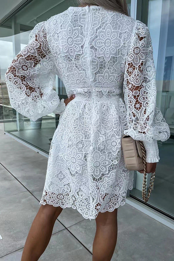 Luxe Debut Floral Crochet Lace Lantern Sleeve Mini Dress