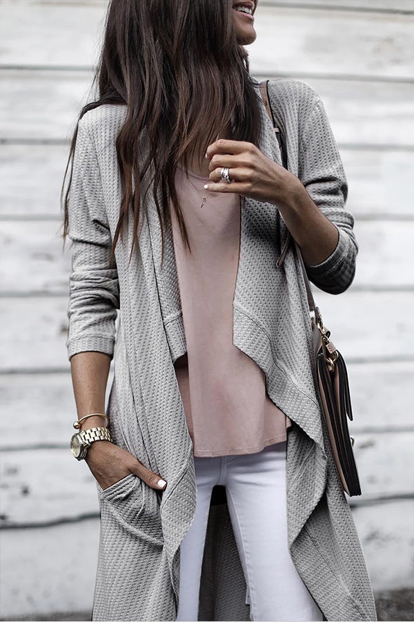 Light Grey Waffle Knit Drape Front Long Cardigan