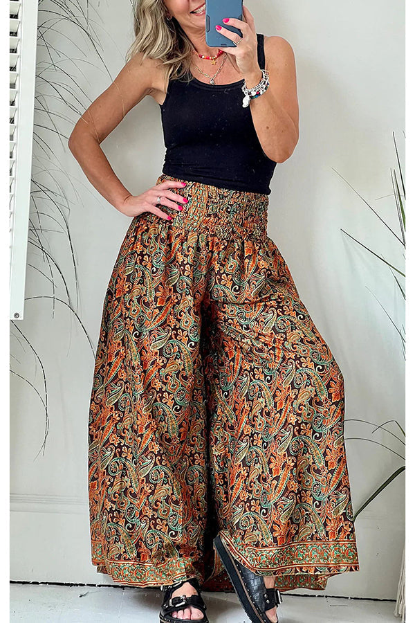 Fun Times Printed Pocketed Smocked Wide Leg Pants