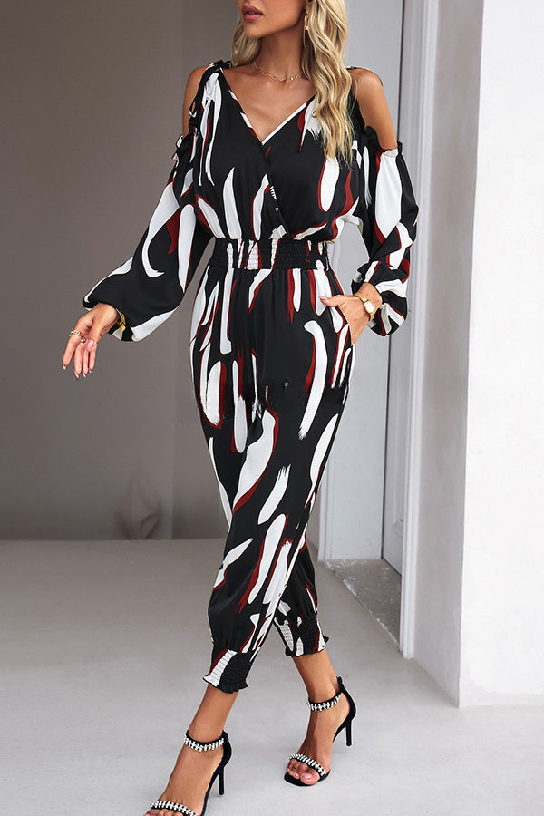 Graphic Print Stretch Waist Tie Long Sleeve Jumpsuit