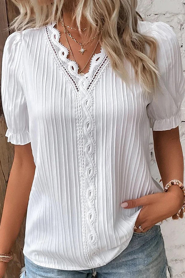 V Neck Solid Color Hollow Lace Shirt