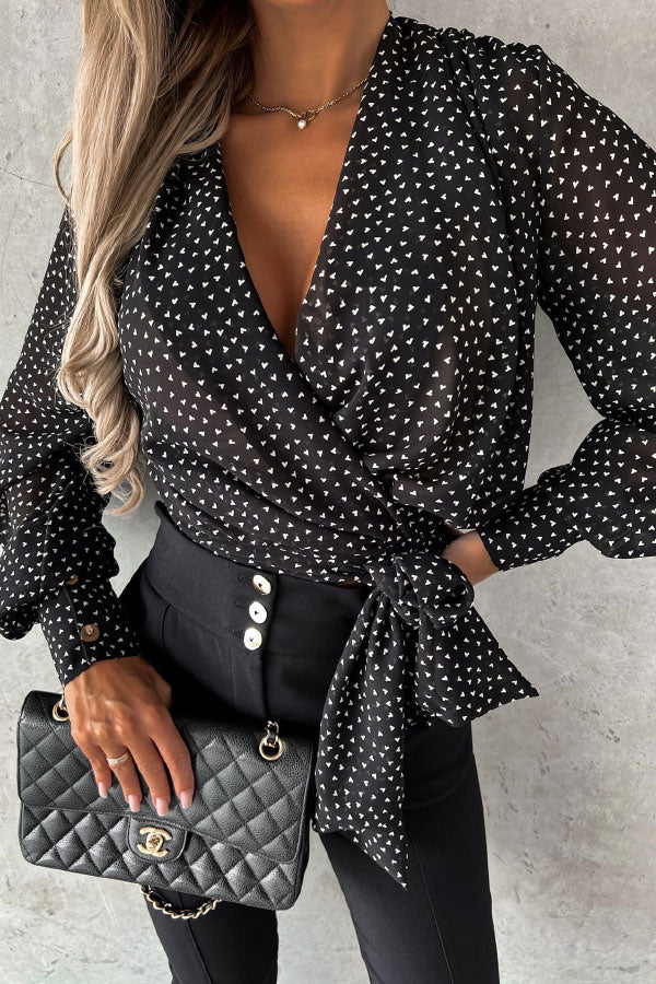 Sexy V-neck Print Tie Blouse