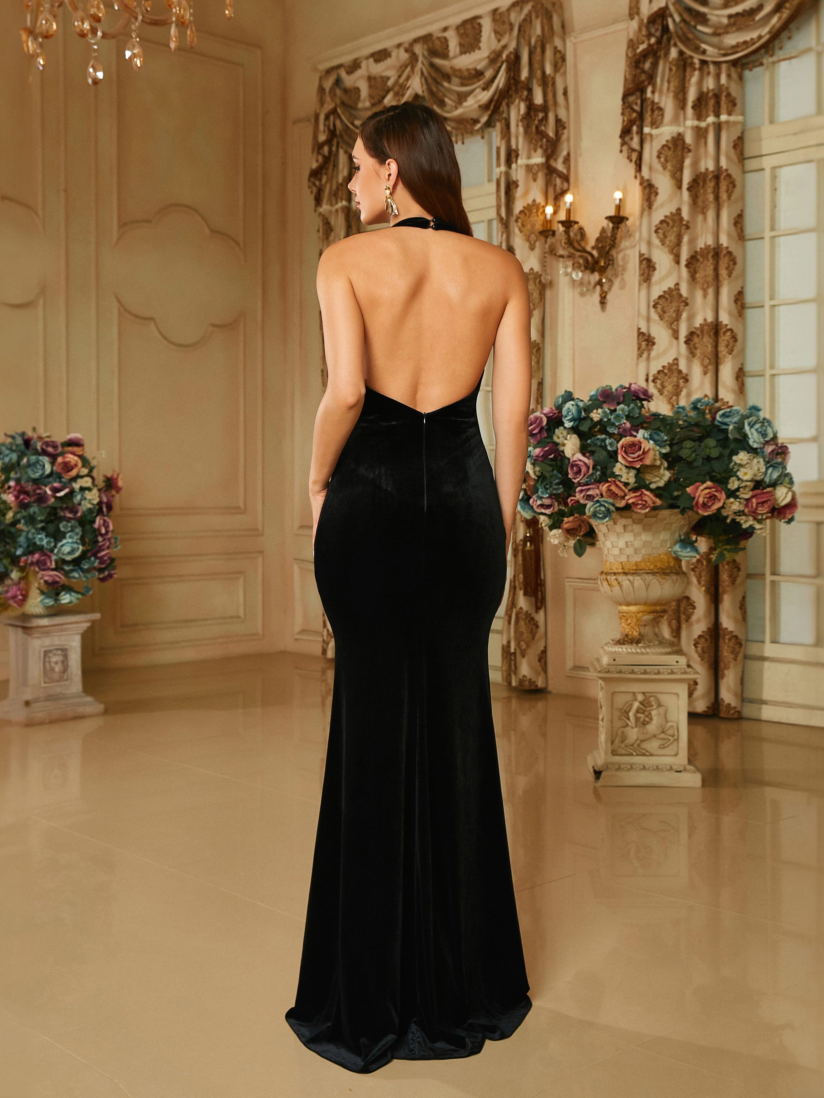 Formal Deep V-Neck Halter Velvet Black Evening Dress RJ10421