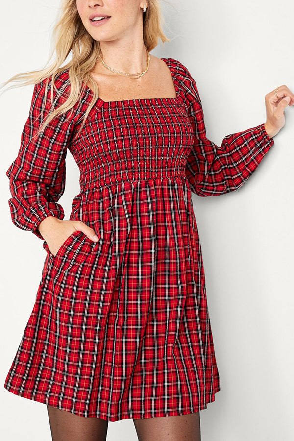 Holiday Carols Plaid Smocked Pocket Babydoll Mini Dress