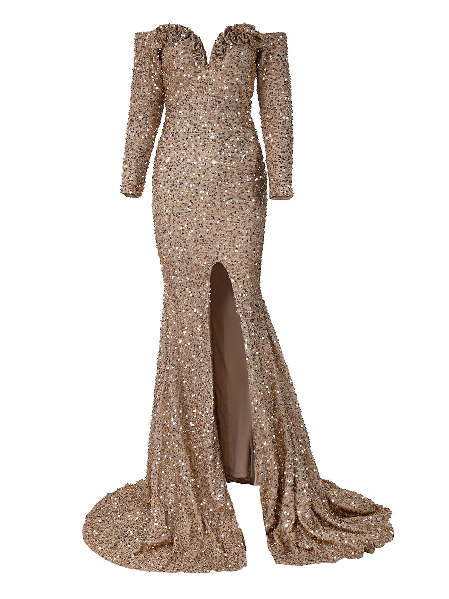 Sweetheart Neck Strapless Sequin Golden Ball Gown XJ1693