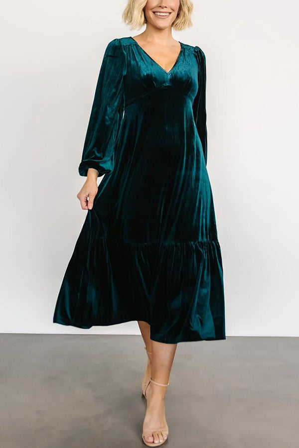 Erika Puff Sleeved Velvet Ruffled Midi Dress