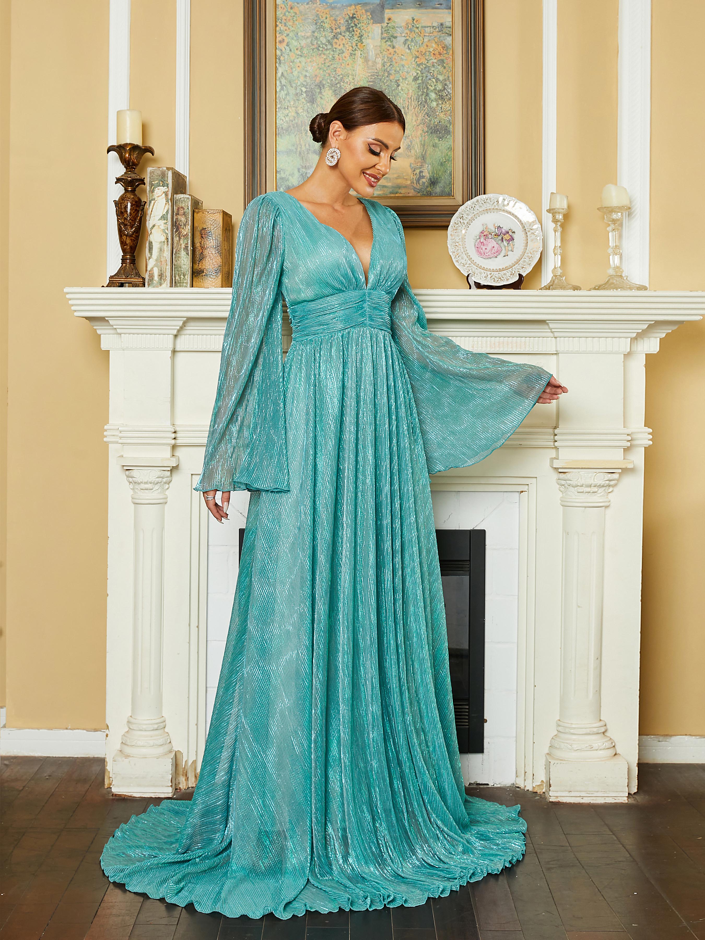 Bell Sleeve A-Line Mesh Green Ball Gown RM20578