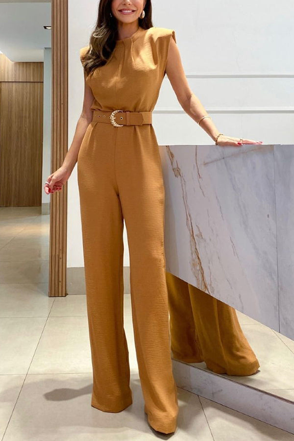 Feeling The Vibe Ruched Neckline Padded Shoulder Wide Leg Jumpsuit