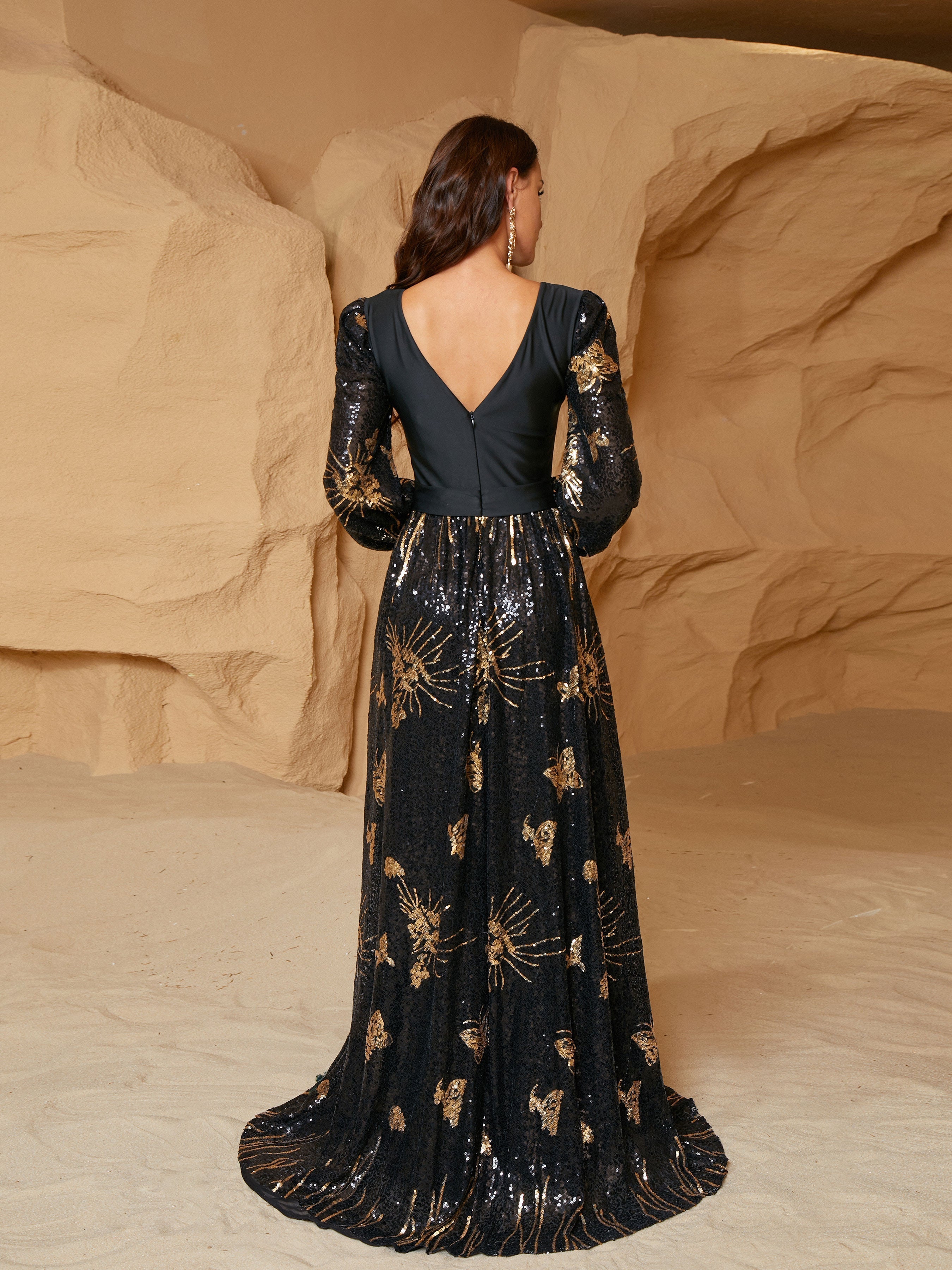 Formal V-Neck Sequin Black Ball Gown RM21074