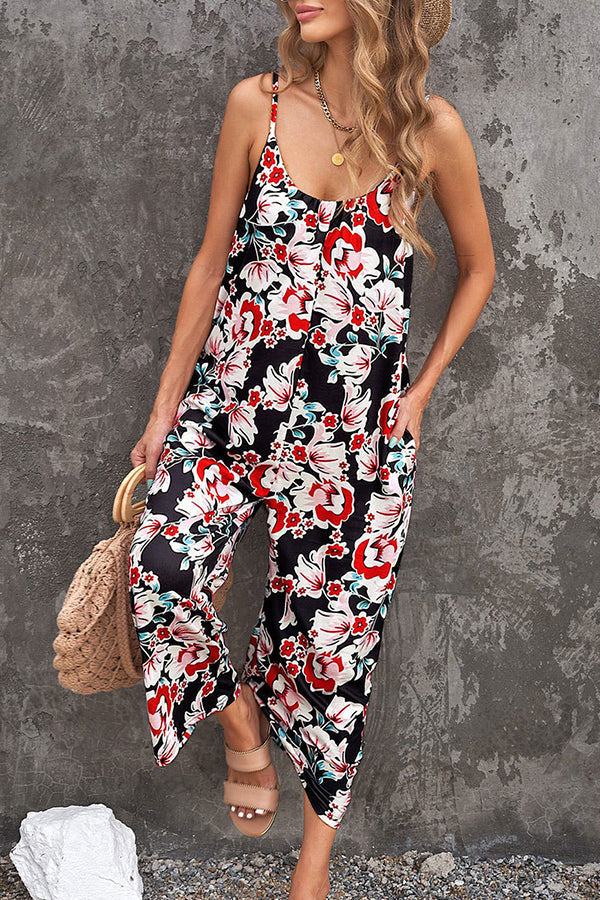 Debby Floral Print Pocketed Strap Relaxed Jumpsuit