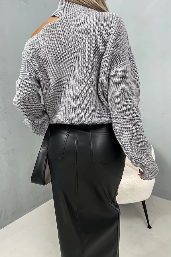 In My Fun Era Knit Shoulder Cutouts Turtleneck Loose Sweater