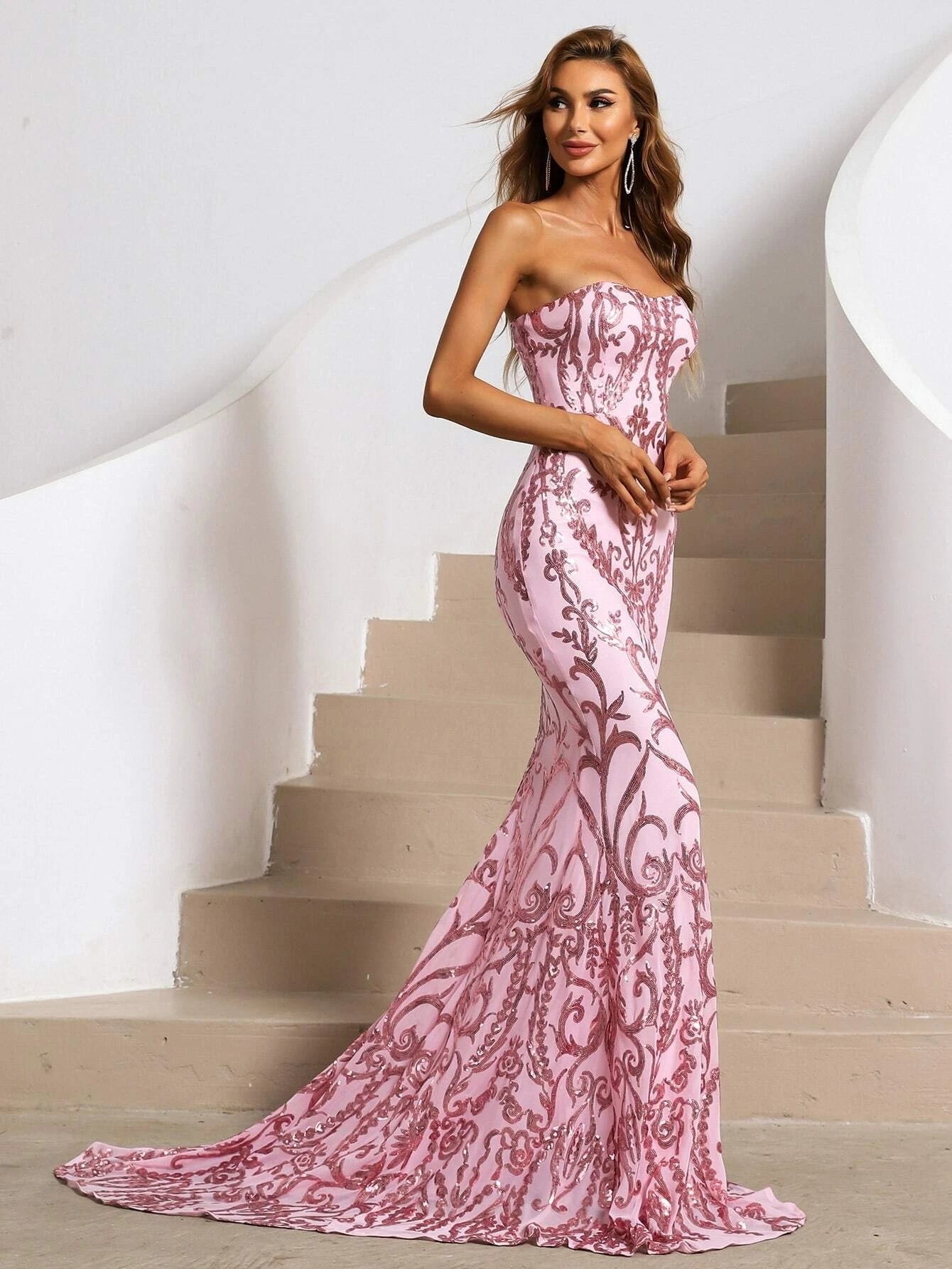 Formal Strapless Sequin Pink Prom Dress XH1342