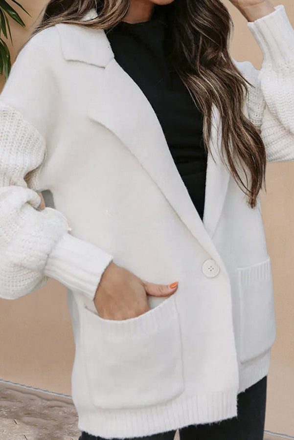 Knitted Patchwork Pocket Button Long Sleeve Cardigan