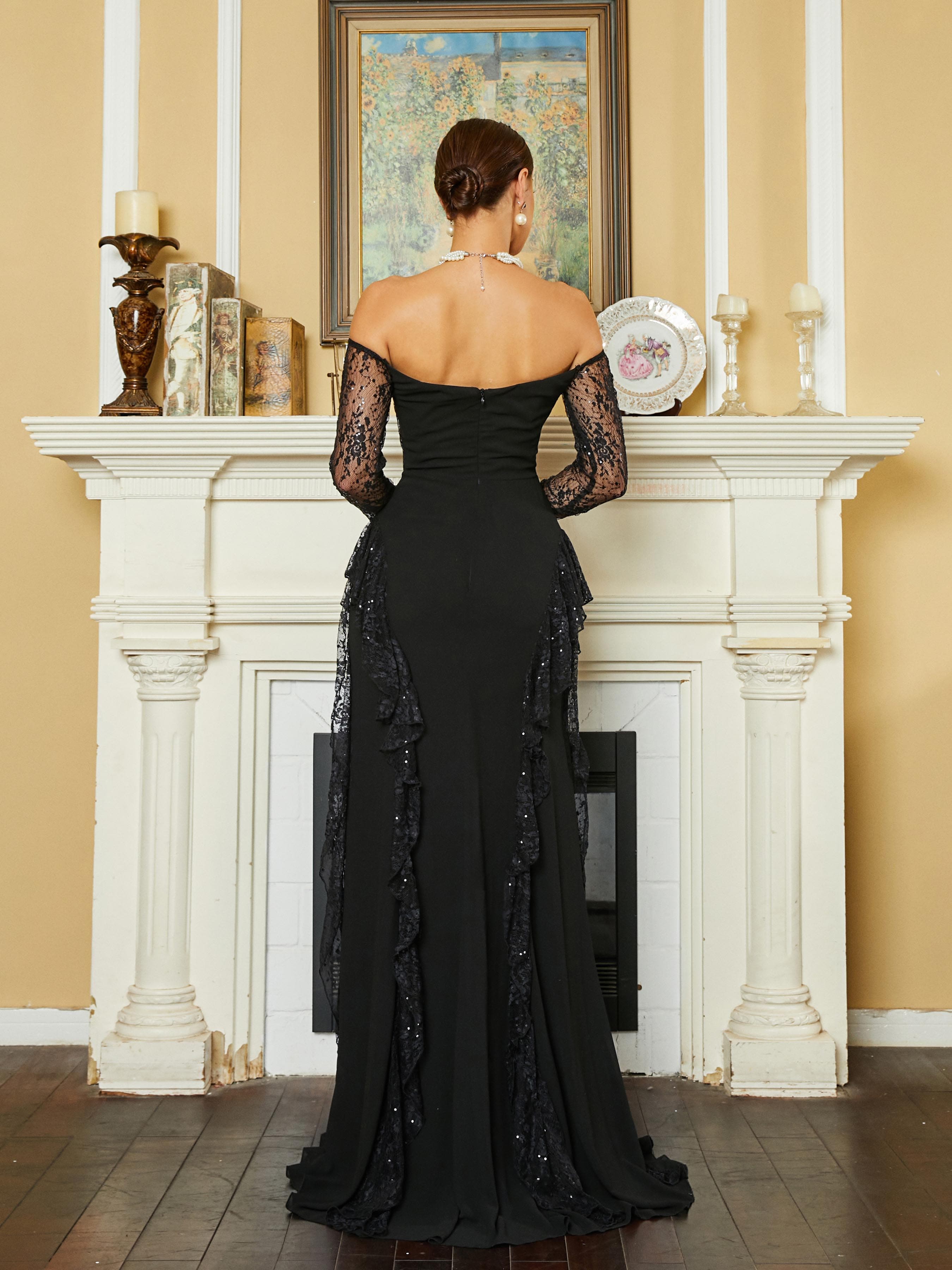 Off Shoulder Lace Panel Sequin Black Evening Dress RH30619