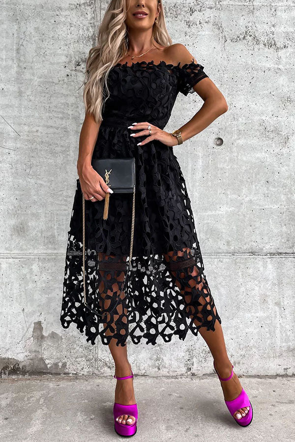 Dream Date Off Shoulder Crochet Lace Midi Dress