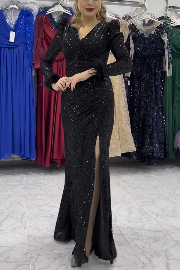 Sparkle World Sequin Feather Trim Sleeves Slit Evening Maxi Dress