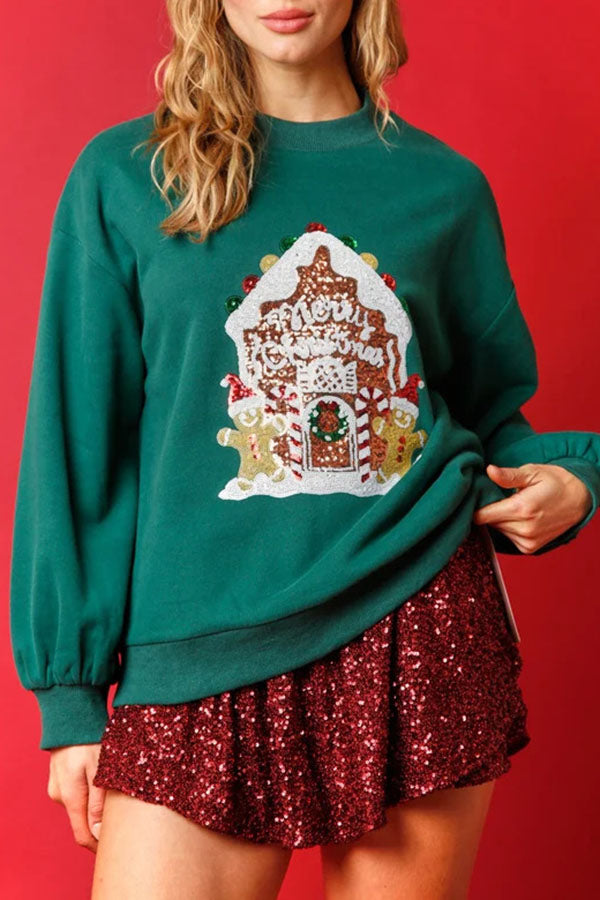 Gingerbread House Sequined Pullover Long Sleeved Sweatshirt