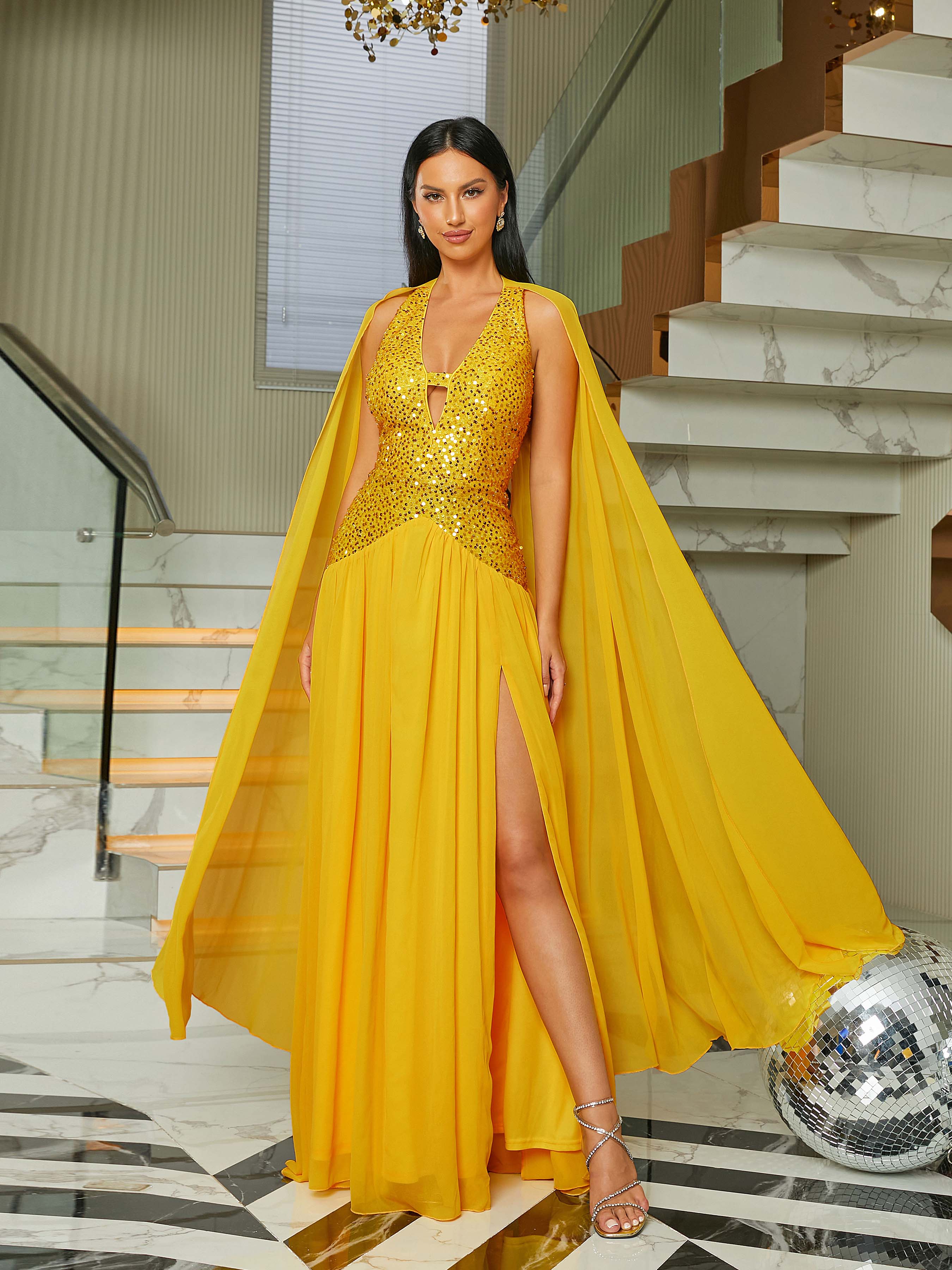 Deep V-Neck Panel Cape Maxi Prom dress RJ10299