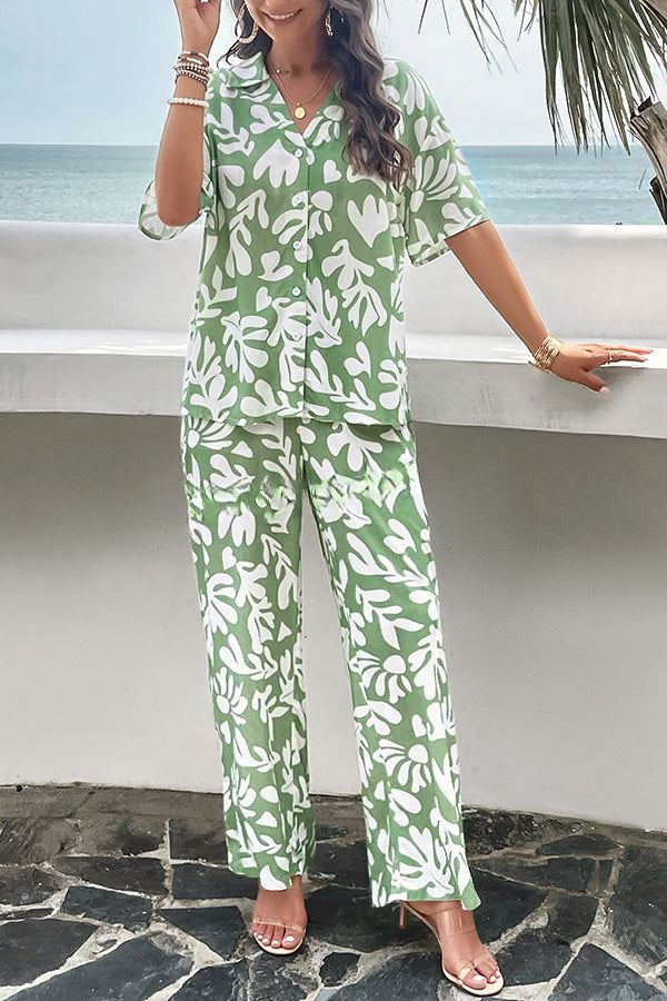 Fun Printed Button Pocket Long Sleeve Shirt and Elastic Waist Pants Set