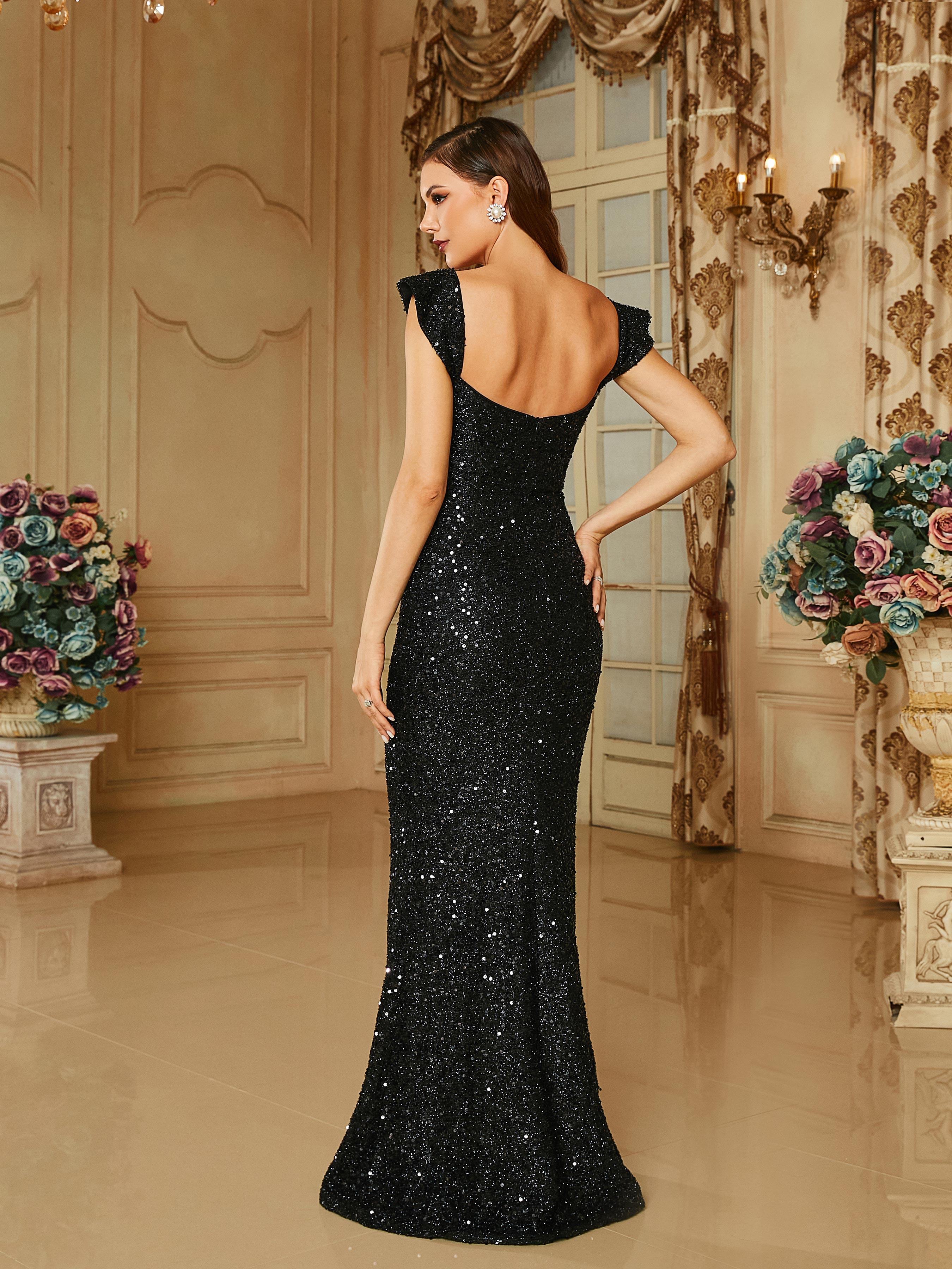 Cutout Ruffle Sequin Mermaid Black Prom Dress RM20665