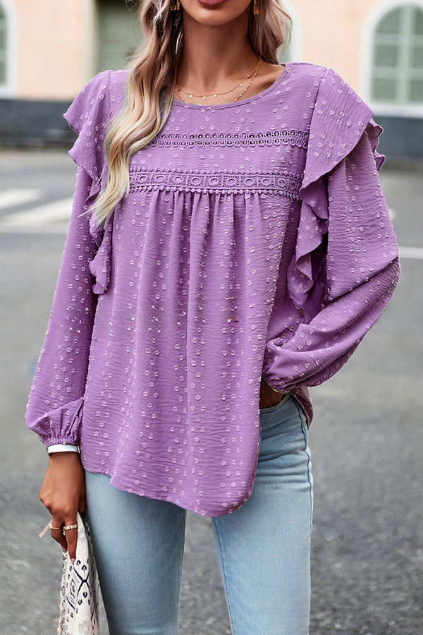 Textured Lace Fabric Ruffle Long Sleeve Blouse