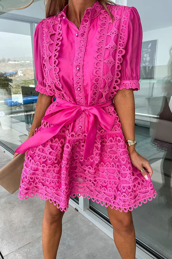 Crush on You Crochet Lace Bow Belt Mini Dress