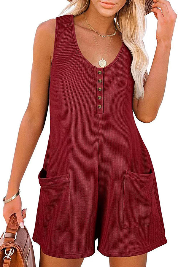 Summer Camping Waffle Fabric Button Up Pocketed Loose Romper