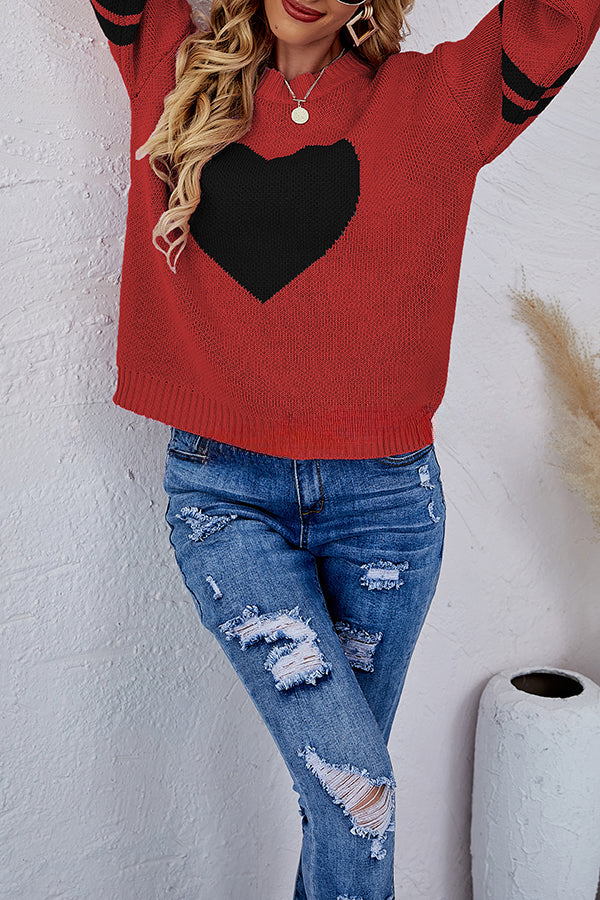 Contrast Color Round Neck Pullover Love Heart Knitted Long Sleeved Sweater